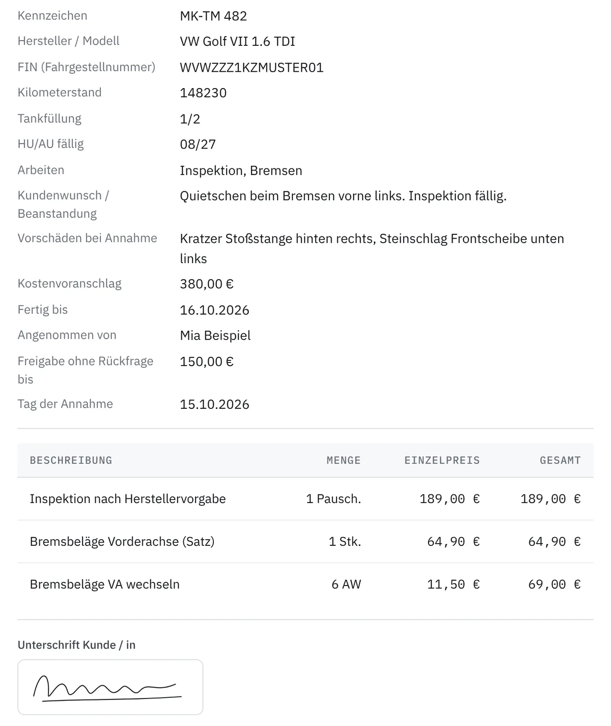 Digitaler Werkstattauftrag einer Kfz-Werkstatt mit Kundenunterschrift auf dem Tablet: Kennzeichen, FIN, Kilometerstand, Arbeiten, Vorschäden, Freigabebetrag, Teile und Arbeitswerte