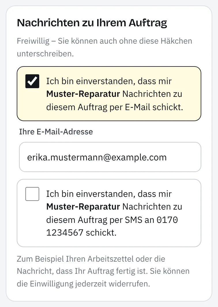 Kundenseite auf dem Handy mit Musterdaten: Abschnitt „Nachrichten zu Ihrem Auftrag“ mit angehaktem Einverständnis für E-Mail, eingetragener E-Mail-Adresse und nicht angehaktem Einverständnis für SMS