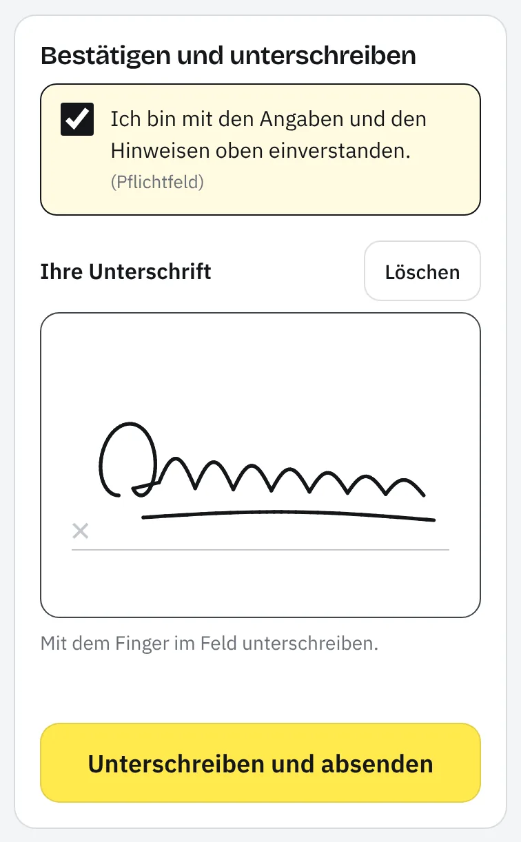 Kundenseite auf dem Handy mit Musterdaten: Abschnitt „Bestätigen und unterschreiben“ mit angehaktem Pflicht-Häkchen, Unterschrift im Feld und dem Knopf „Unterschreiben und absenden“